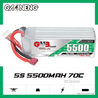 GAONENG GNB 5S 5500mAh 70C battery front label view with T-plug connector and balance lead