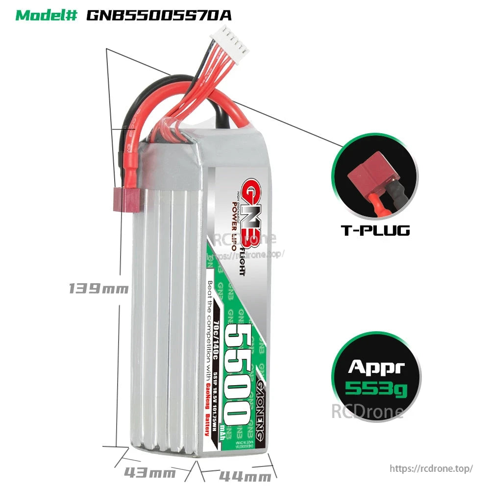 Battery dimensions graphic showing 139 x 43 x 44 mm with T-plug close-up and approximate 553 g weight