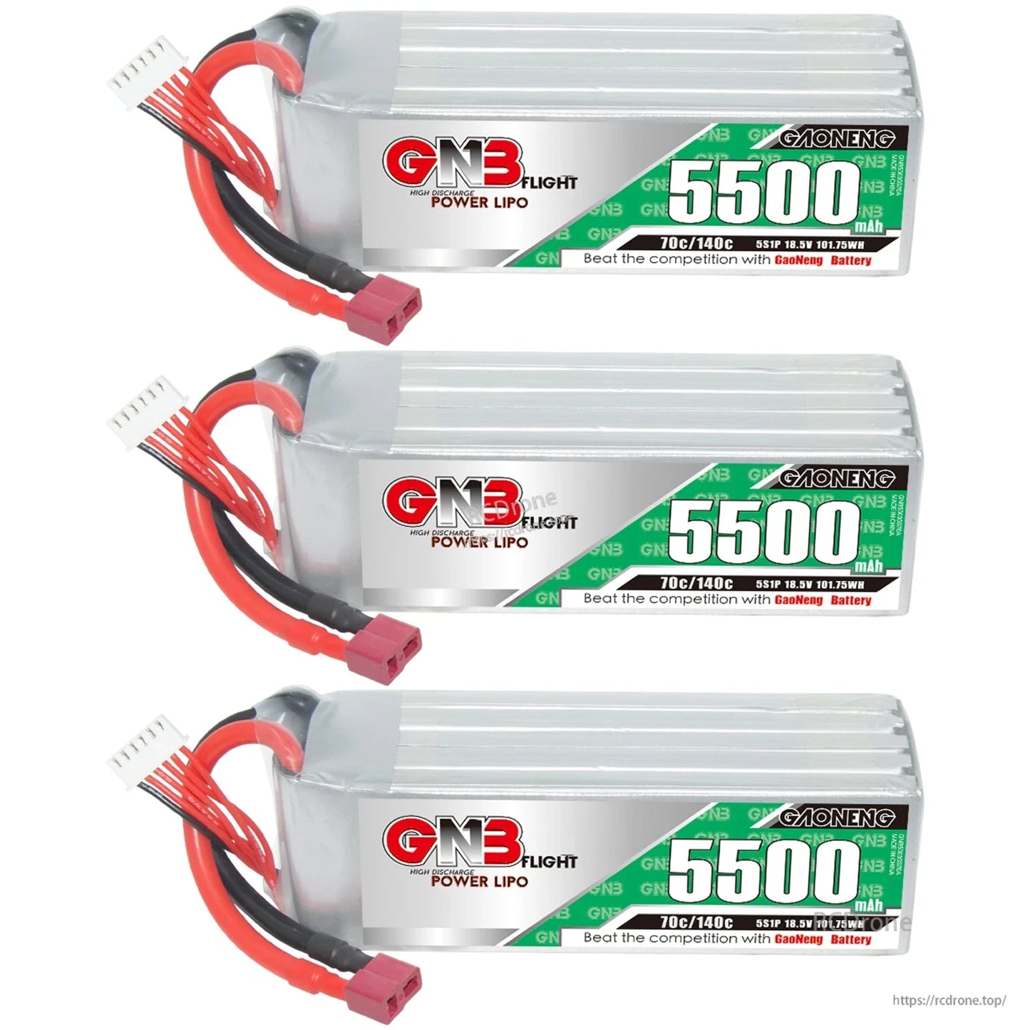 Three GAONENG GNB 5500mAh 5S LiPo batteries shown together in a 3-pack display