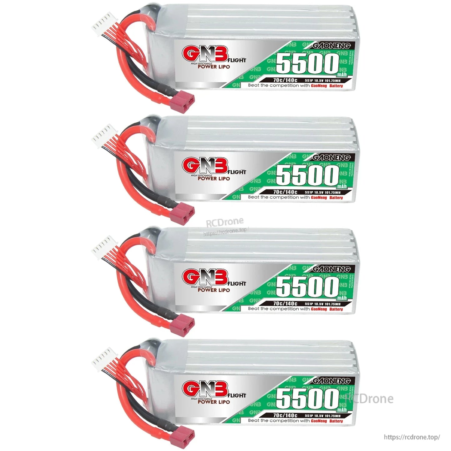 Four GAONENG GNB 5500mAh 5S LiPo batteries arranged in a 4-pack display