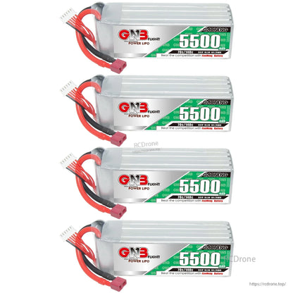 Four GAONENG GNB 5500mAh 5S LiPo batteries arranged in a 4-pack display