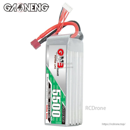 Upright side view of GAONENG 5500mAh 5S LiPo battery with label, T-plug, and balance connector