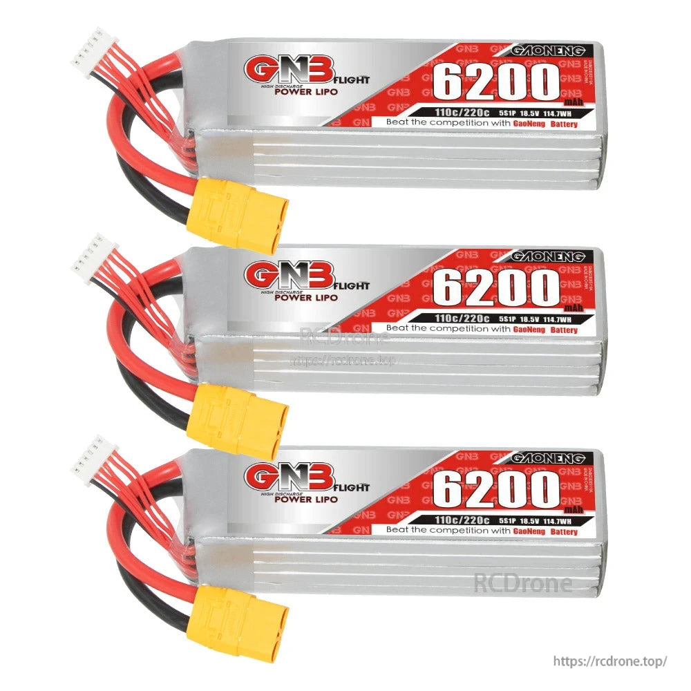 Three GNB 6200mAh LiPo batteries stacked horizontally with labels and XT90 leads visible