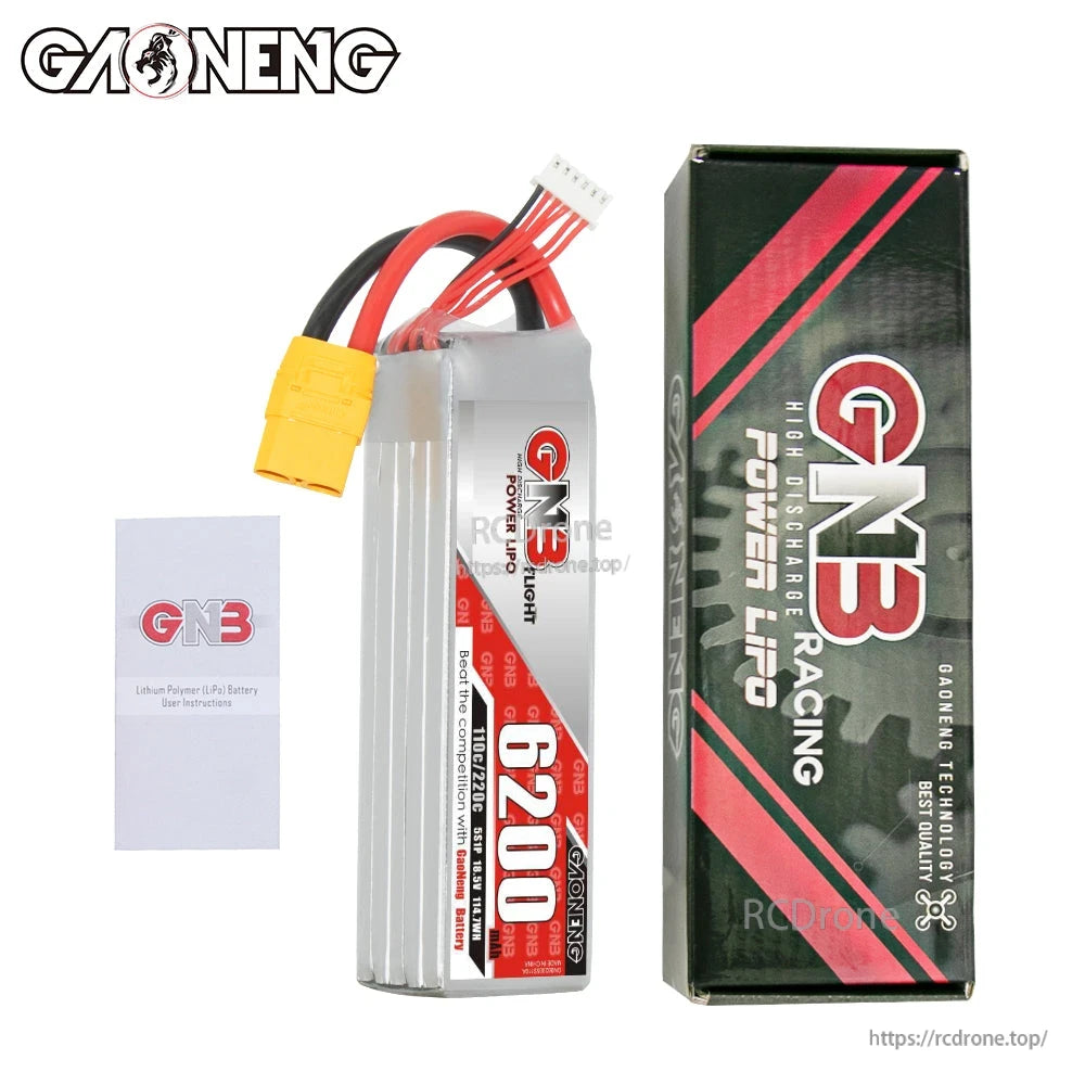 Package contents: GNB 6200mAh LiPo battery, retail box, and instruction leaflet
