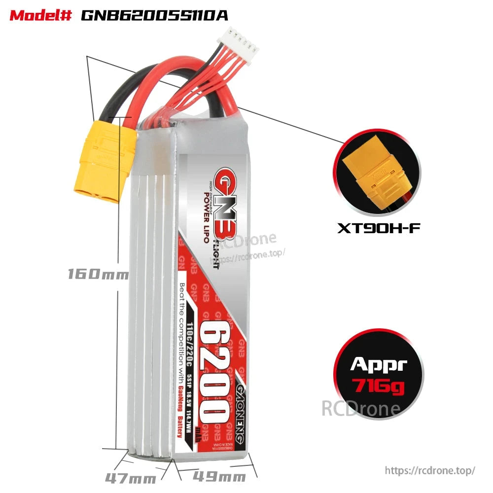 GNB 6200mAh LiPo battery dimensions diagram with XT90H-F plug and approx 716g weight