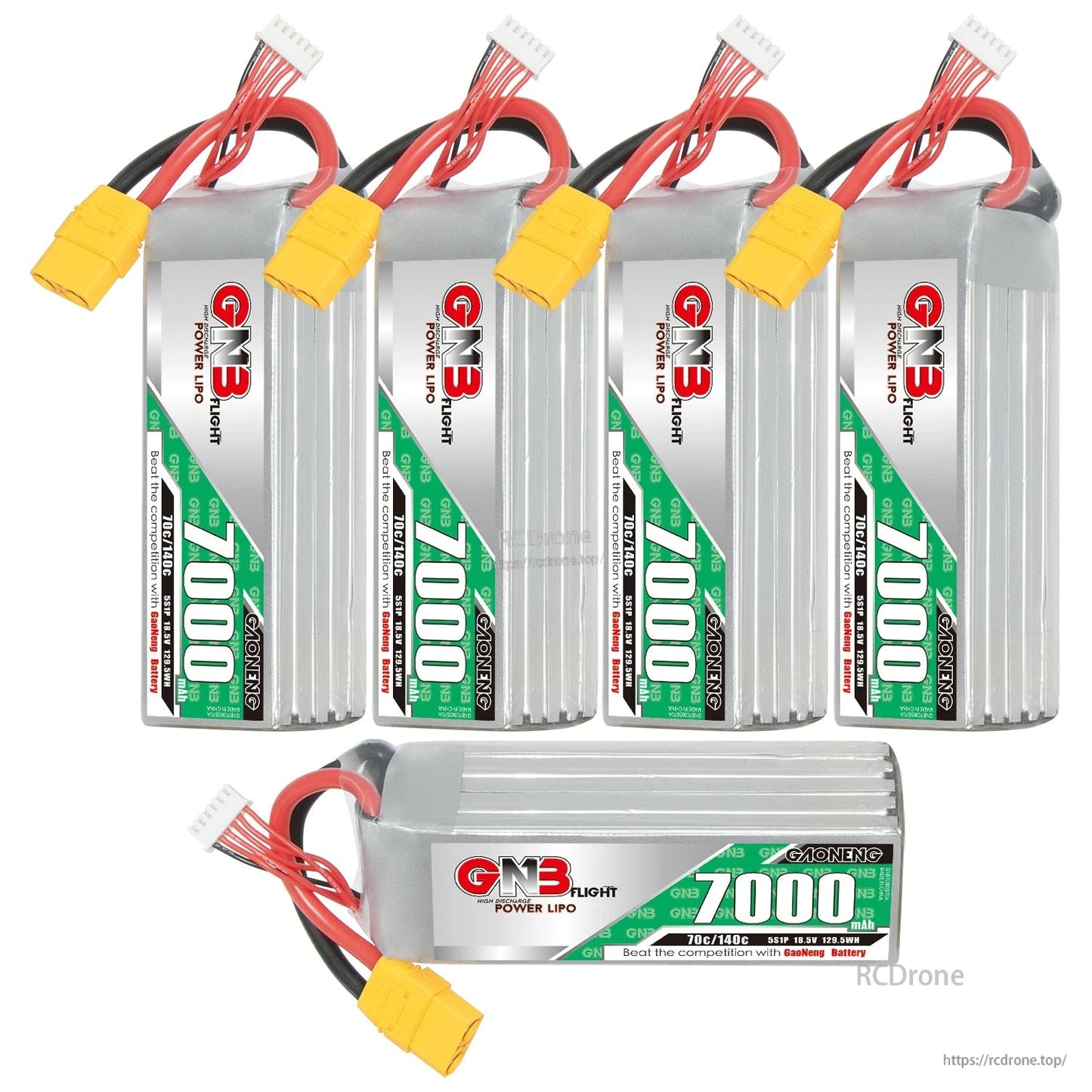 Five-battery bundle: four upright GNB 7000mAh packs plus one horizontal pack with label visible