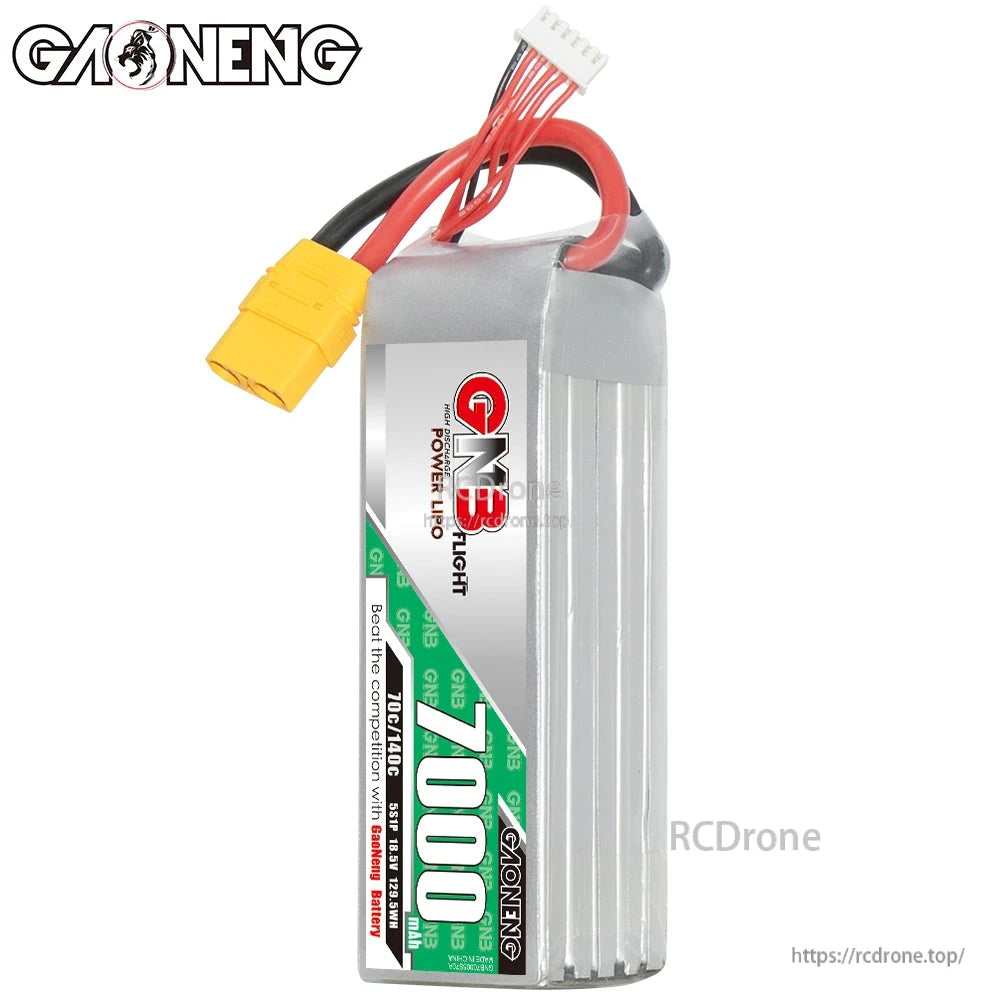 Upright view of GNB 7000mAh LiPo battery with label panel, wires, and yellow power connector at top