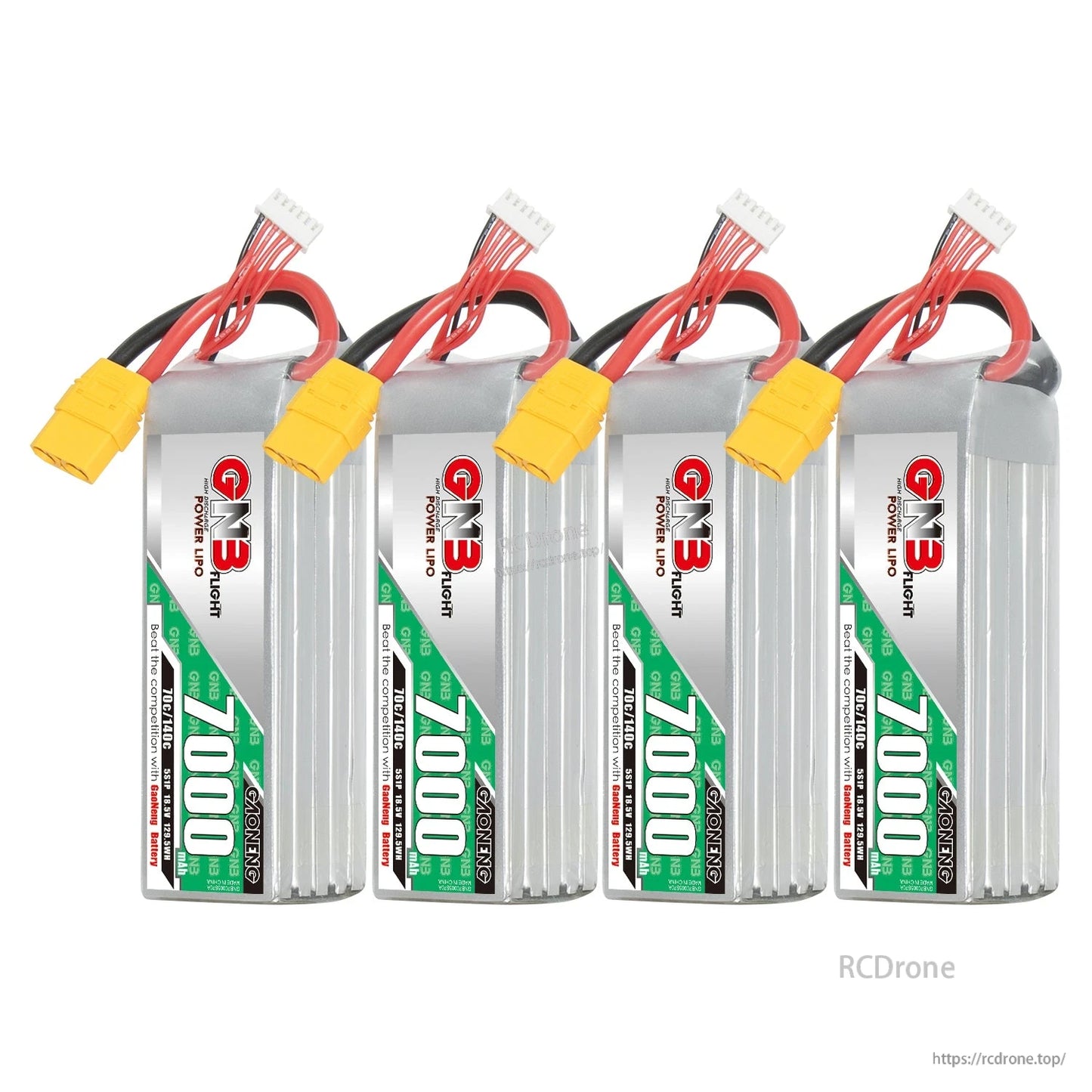 Four GNB 7000mAh LiPo batteries lined up, showing label sides and yellow power connectors