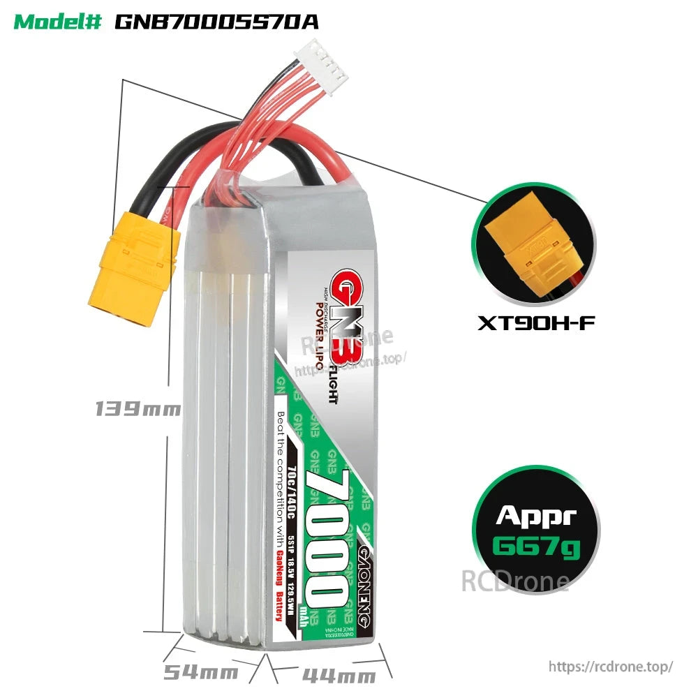 Battery dimensions diagram for GNB70005S70A showing 139 mm length, 54 mm height, 44 mm width and XT90H-F plug