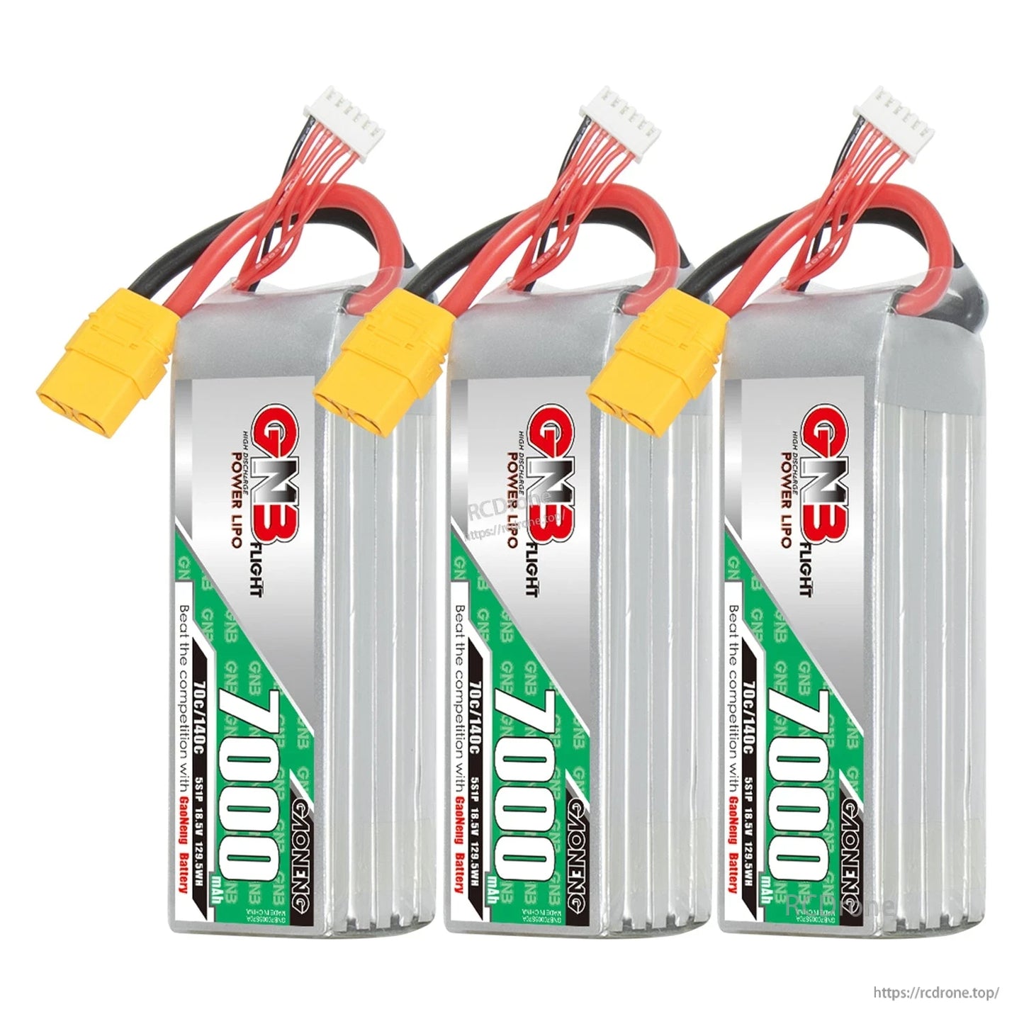 Three GNB 7000mAh LiPo batteries shown standing side by side with yellow connectors and balance leads