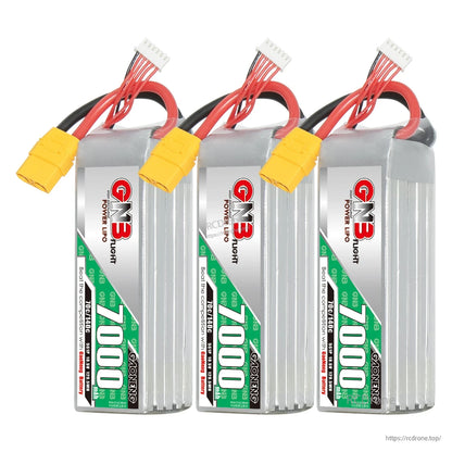 Three GNB 7000mAh LiPo batteries shown standing side by side with yellow connectors and balance leads
