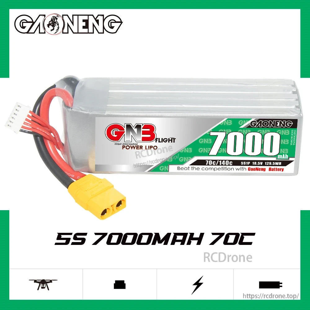 GAONENG GNB 5S 18.5V 7000mAh 70C LiPo battery side profile on white background, label facing camera