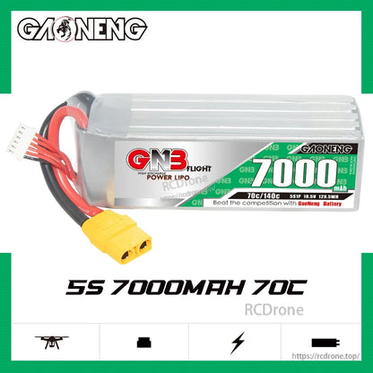 GAONENG GNB 5S 18.5V 7000mAh 70C LiPo battery side profile on white background, label facing camera