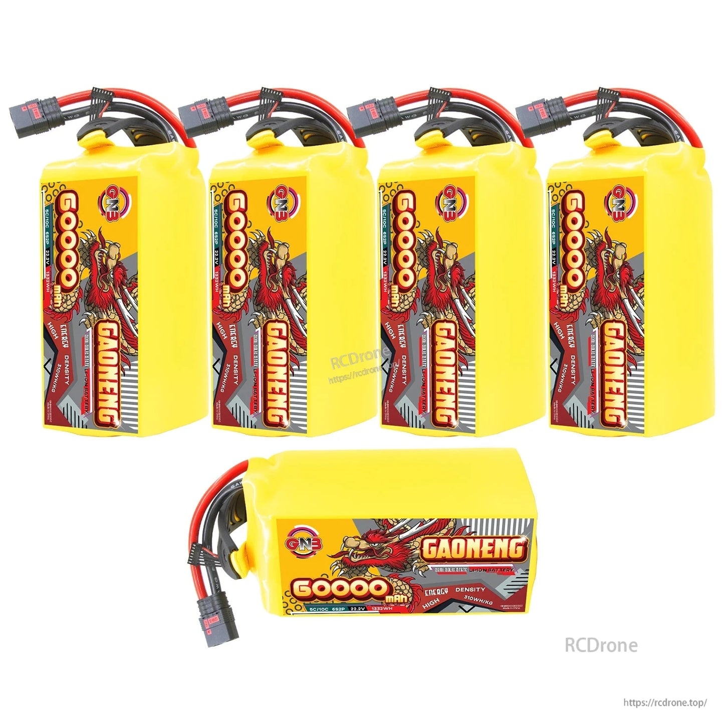 Four batteries plus one horizontal pack shown together, mixed orientations to show shape
