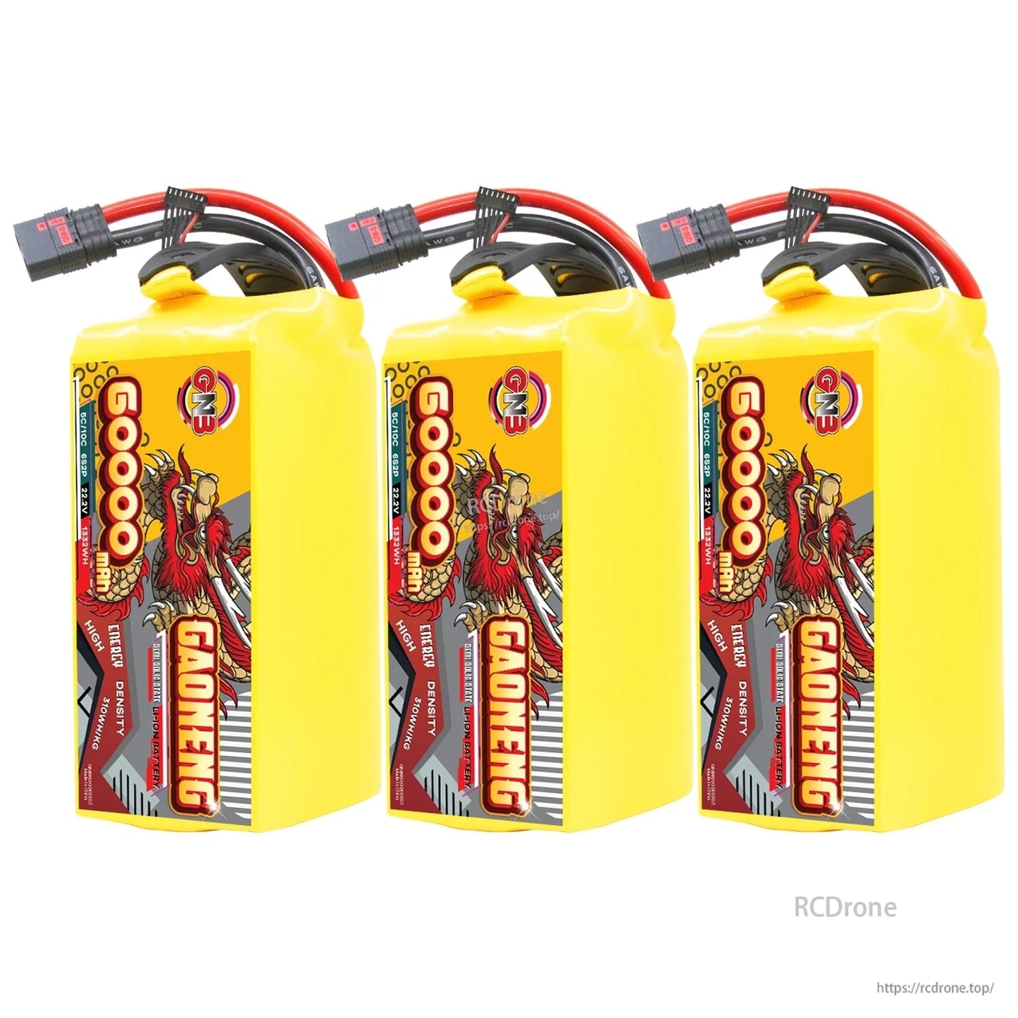Three GAONENG GNB 60000mAh battery packs lineup, front label view with top leads