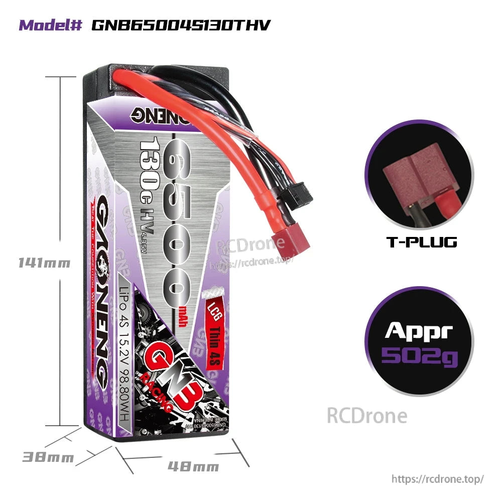 GAONENG GNB 6500mAh 4S 15.2V LiHV 130C Hard Case LiPo Battery T-PLUG for 1/8 RC Car