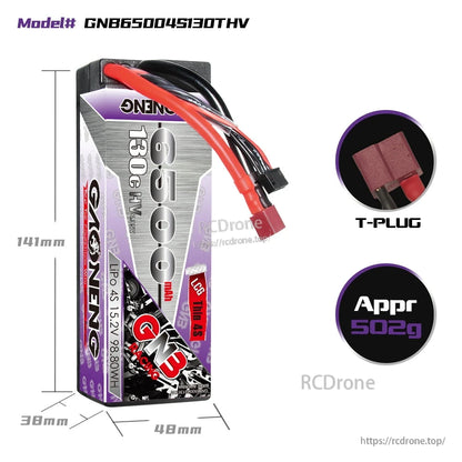 GAONENG GNB 6500mAh 4S 15.2V LiHV 130C Hard Case LiPo Battery T-PLUG for 1/8 RC Car