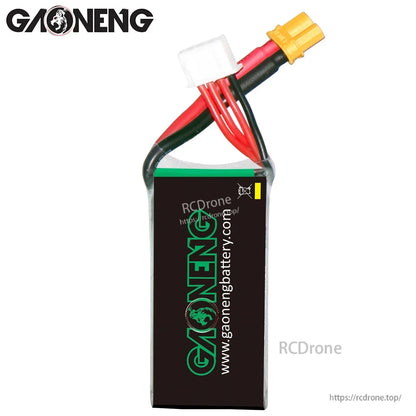 Rear view of GAONENG battery with black wrap and gaonengbattery.com text, XT30 and balance leads