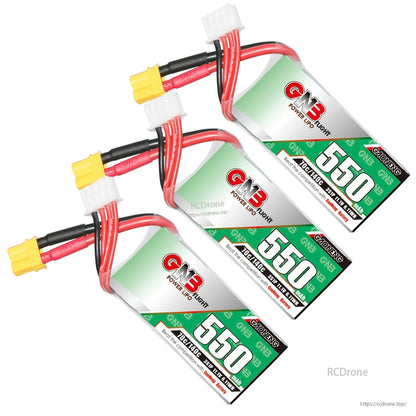 Three GAONENG GNB 650 3S LiPo batteries shown together with XT30 connectors and balance plugs