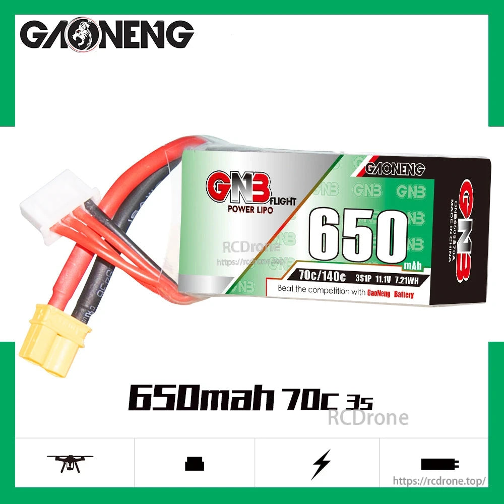 GAONENG GNB 650mAh 3S 70C LiPo battery label graphic showing 70C/140C and XT30 connector