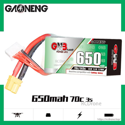 GAONENG GNB 650mAh 3S 70C LiPo battery label graphic showing 70C/140C and XT30 connector