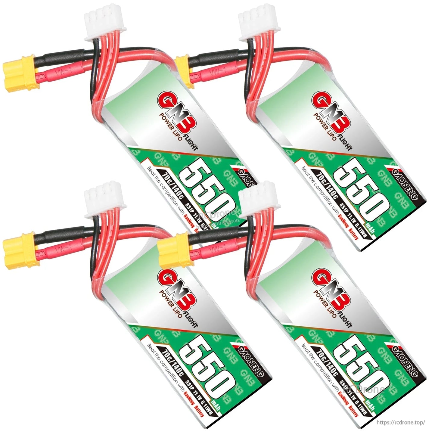 Four GNB 650 3S LiPo batteries grouped set with XT30 connector leads and white balance plugs