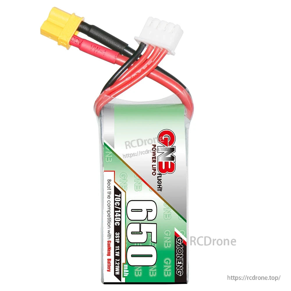 Front label close-up showing GNB Power LiPo 650 3S 11.1V 70C/140C with leads and balance plug