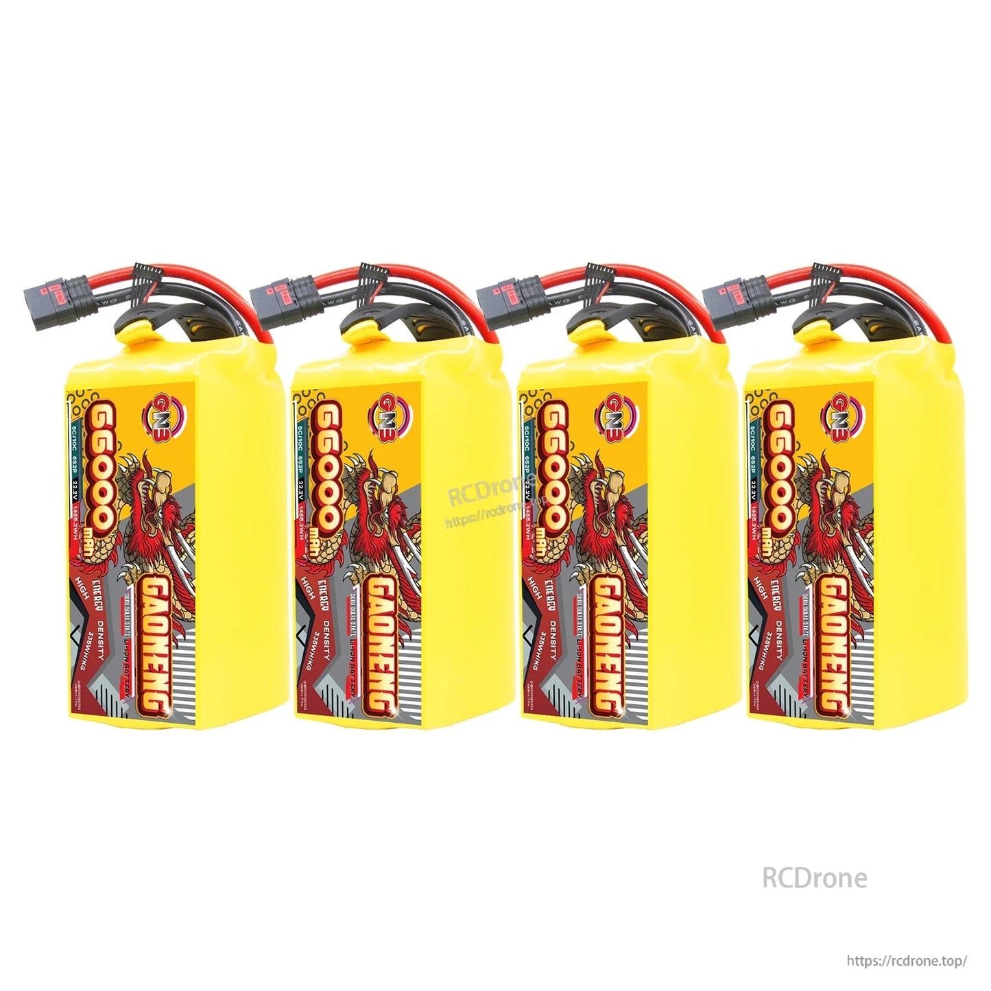 Four GAONENG 66000mAh battery packs lined up, upright view with QS8 leads