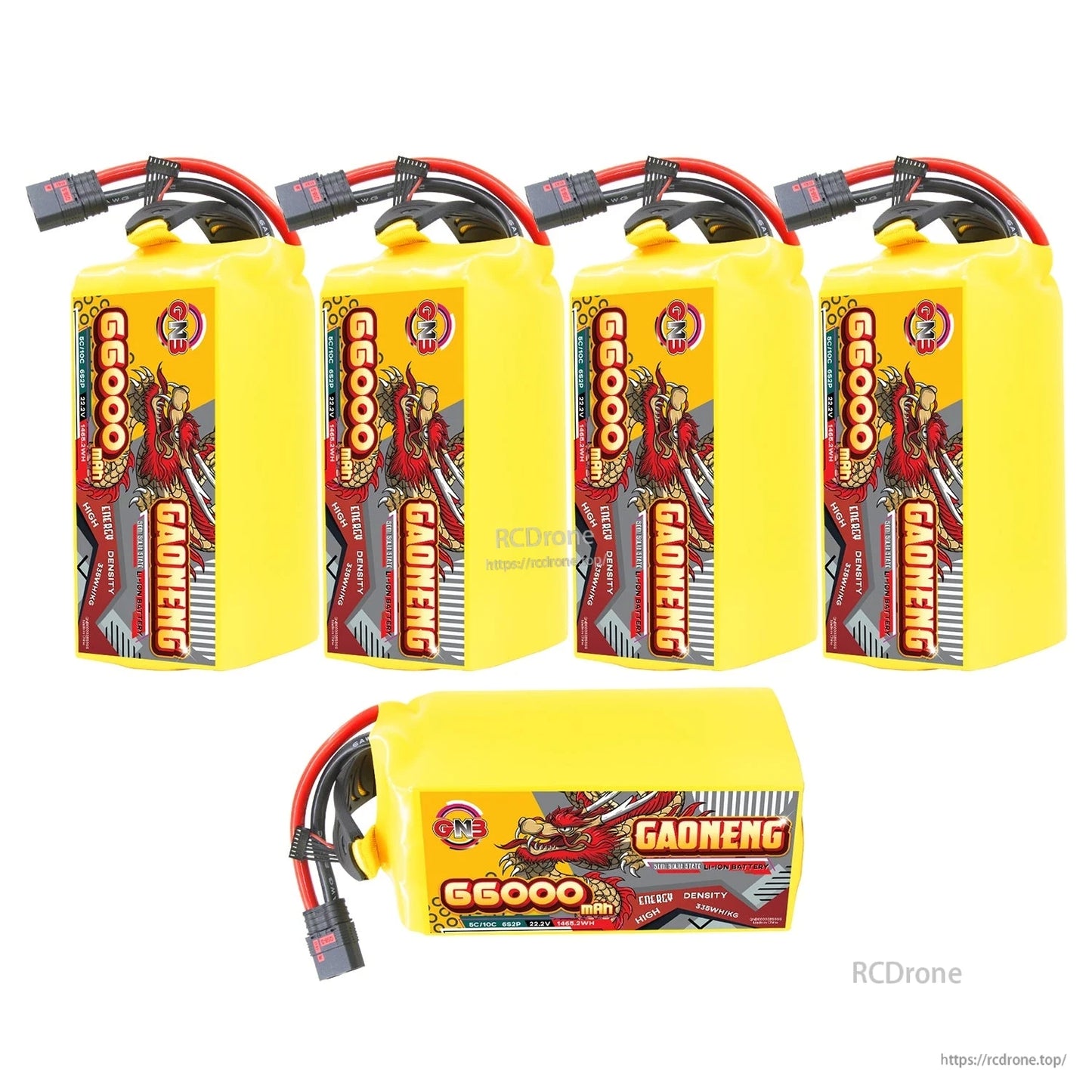 Set of five packs shown: four upright GAONENG 66000mAh batteries plus one horizontal unit with label visible