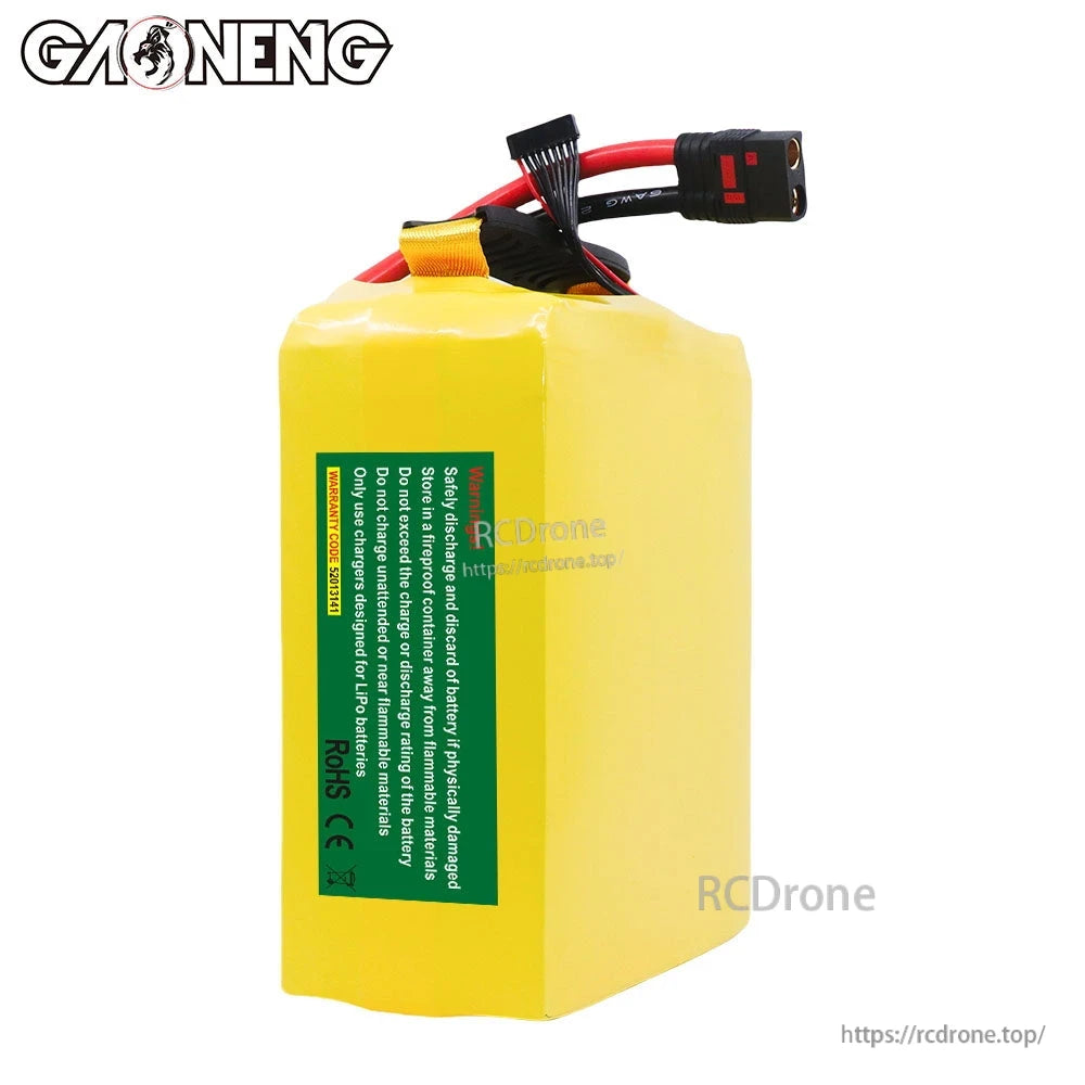 Rear view showing green safety/warning label on GAONENG battery pack and QS8 discharge lead