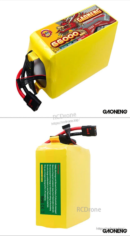 Two-angle collage showing top label view and rear warning label view of the battery pack