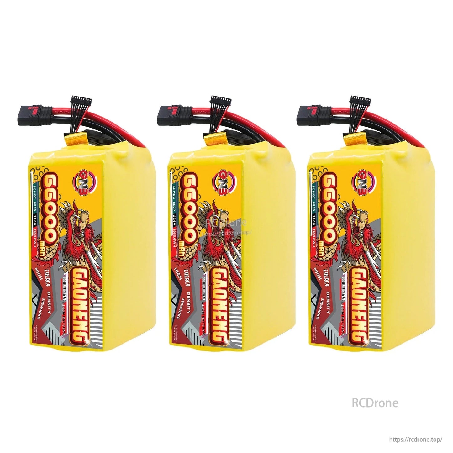 Three GAONENG battery packs shown together, front label view with connectors on top