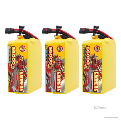 Three GAONENG battery packs shown together, front label view with connectors on top
