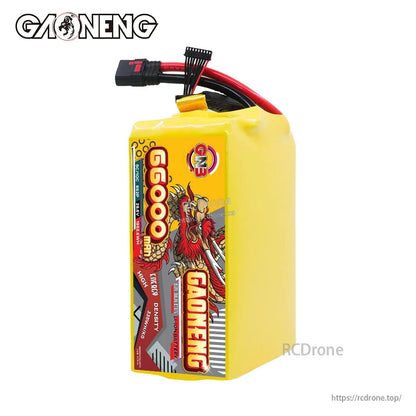 Upright front/label view of yellow GAONENG 66000mAh battery pack with power and balance leads