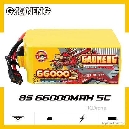 GAONENG GNB 8S 66000mAh 5C battery pack label side view with leads and connector
