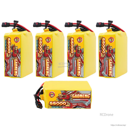 Five-view collage: four upright battery packs plus one horizontal side view showing label