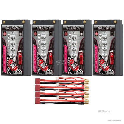 Four-pack layout: GNB shorty hard case batteries with Deans/T-plug connectors, balance plugs and 5mm bullets
