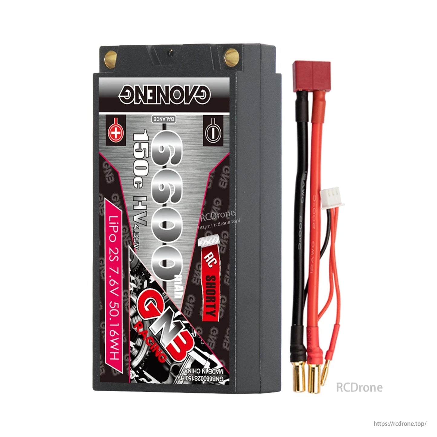 GNB 6600mAh shorty hard case battery shown with Deans/T-plug style connector, balance plug and 5mm bullets