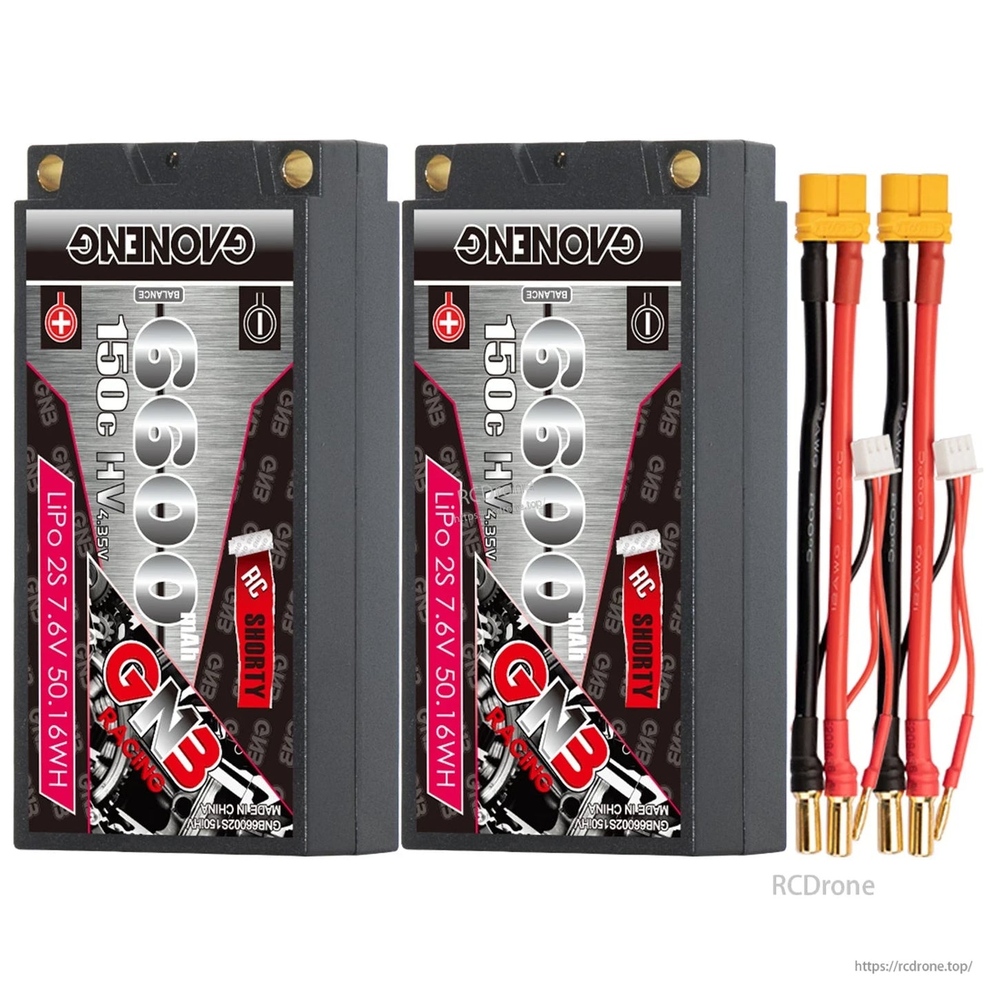 Two-pack layout: GNB 6600mAh shorty hard case batteries with XT60 leads, balance plug and 5mm bullets
