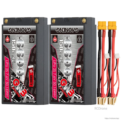 Two-pack layout: GNB 6600mAh shorty hard case batteries with XT60 leads, balance plug and 5mm bullets