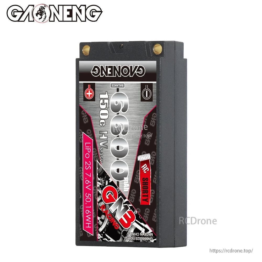 Front label close-up of GAONENG GNB 6600mAh 150C LiPo 2S 7.6V shorty hard case battery