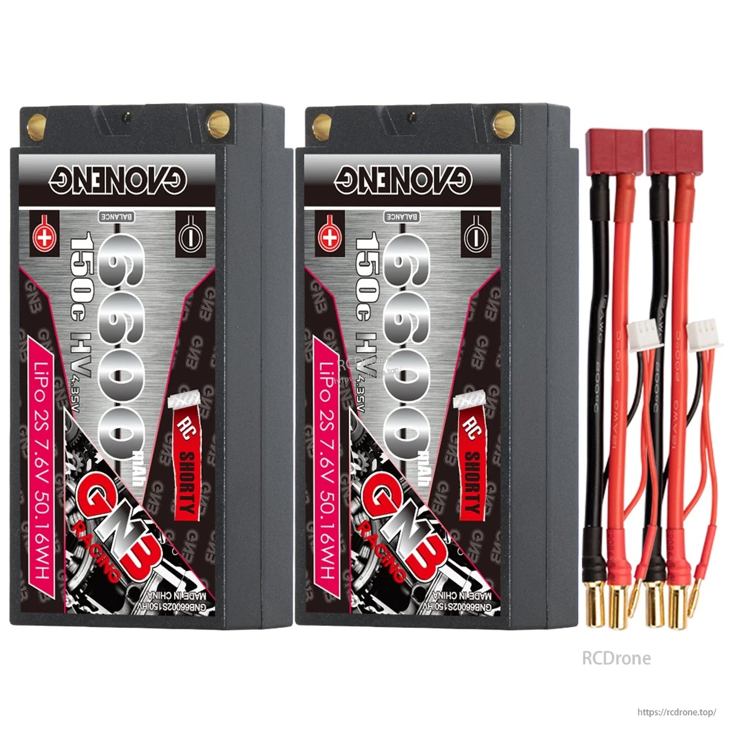 Two-pack layout: GNB shorty hard case batteries with Deans/T-plug connectors, balance plugs and 5mm bullets