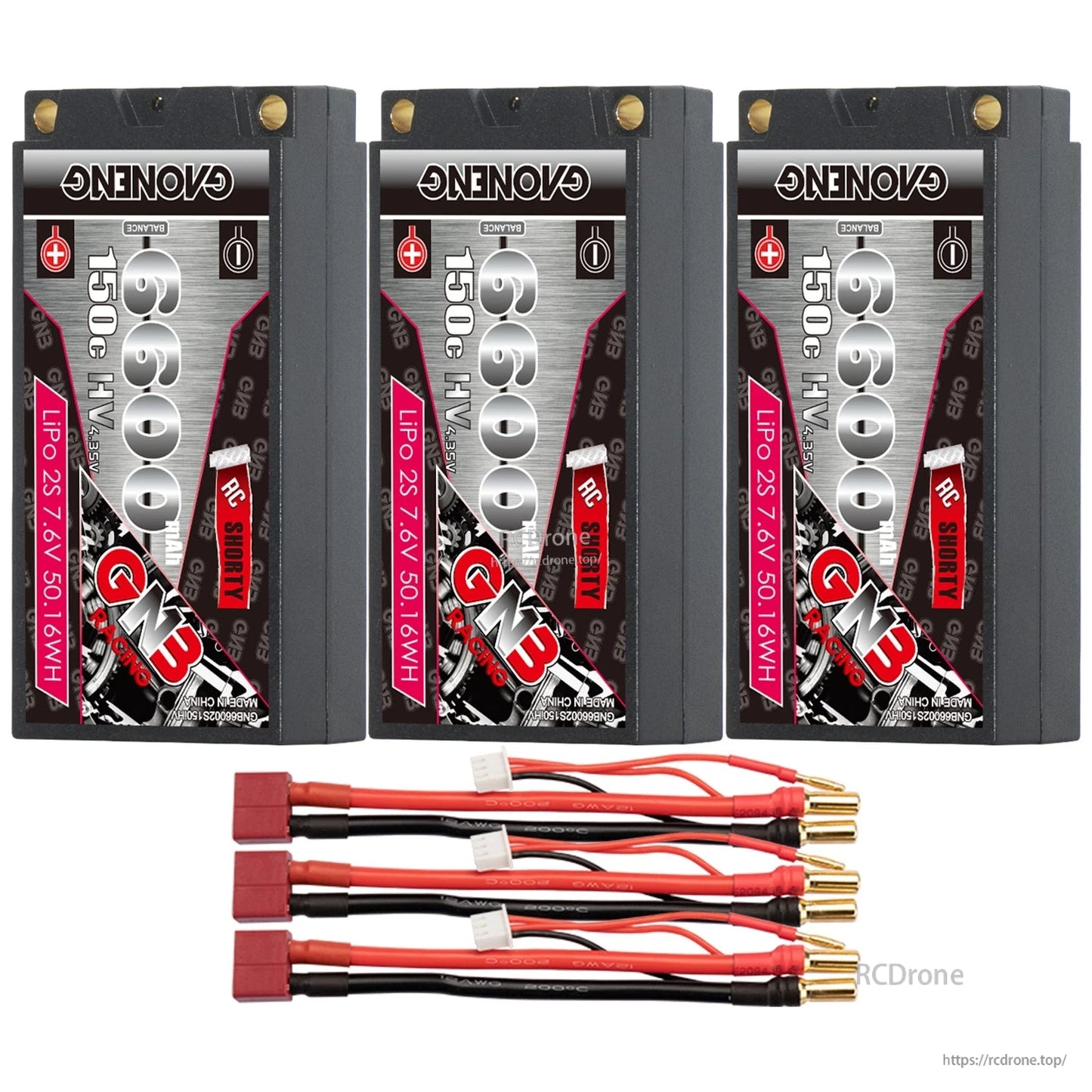 Three-pack layout: GNB shorty hard case batteries with Deans/T-plug connectors, balance leads and 5mm bullets
