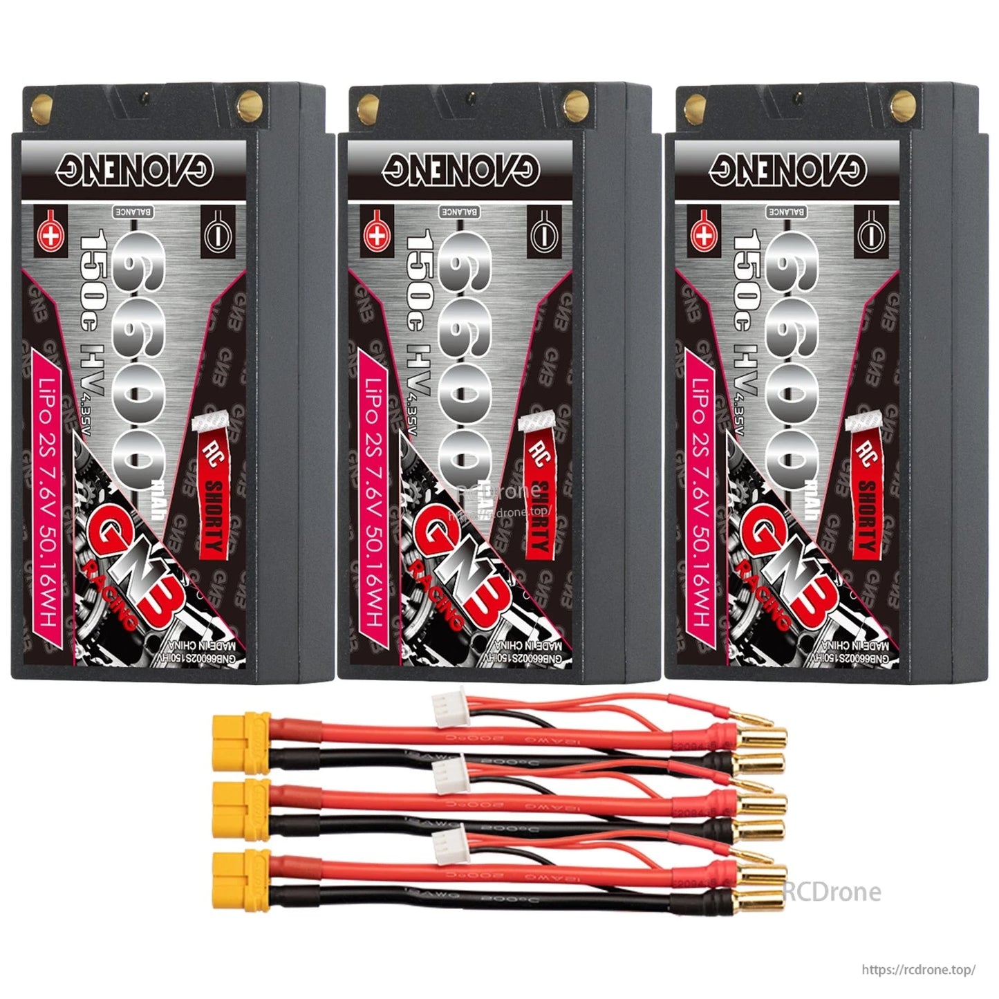 Three-pack layout: GNB 6600mAh shorty hard case batteries with XT60 connectors, balance plugs and 5mm bullets
