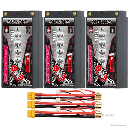 Three-pack layout: GNB 6600mAh shorty hard case batteries with XT60 connectors, balance plugs and 5mm bullets