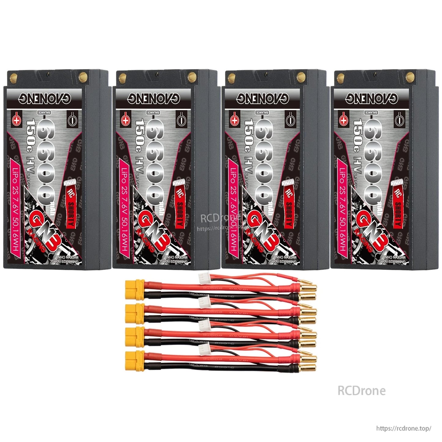 Four-pack layout: GNB 6600mAh shorty hard case batteries with XT60 connectors, balance leads and 5mm bullets
