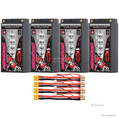 Four-pack layout: GNB 6600mAh shorty hard case batteries with XT60 connectors, balance leads and 5mm bullets