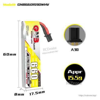 GNB660 1S LiHV battery size diagram with A30 plug close-up, showing 60mm length and 17.5mm width