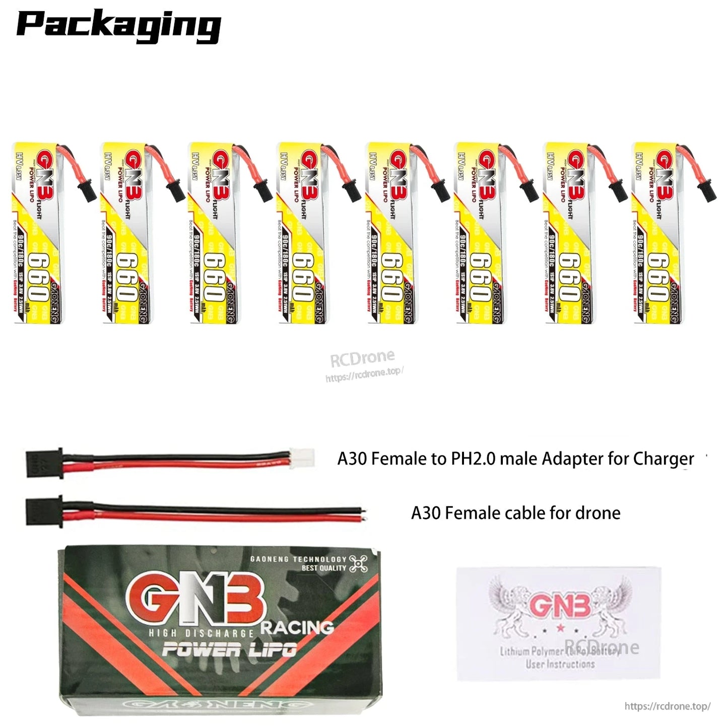 Packaging contents display: eight GNB 660 batteries with A30-to-PH2.0 charge adapter, A30 cable, box, manual