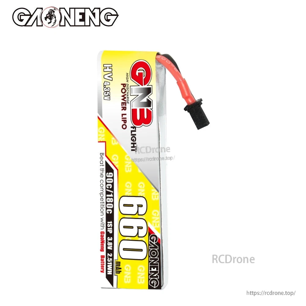 Vertical view of GNB 660mAh LiHV battery with A30 cable, showing full wraparound label design